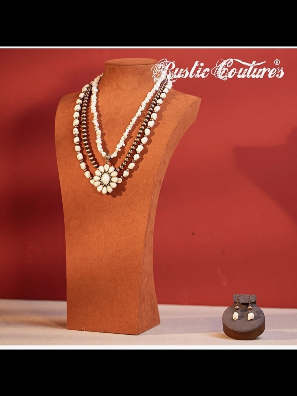 Montana West Rustic Couture's White and Brown Beaded Floral Pendant Necklace Set - Picture 2 of 4